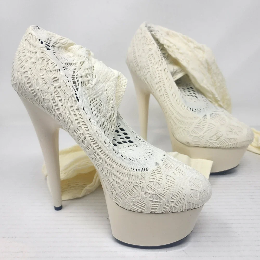 Cream‎ Lace Thigh High Stiletto Stocking Boots Platform Heels Size 6